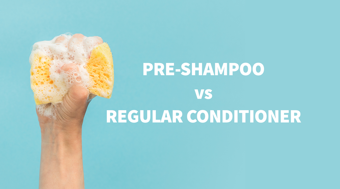 Man holding a sponge with text Pre-Shampoo vs Regular Conditioner
